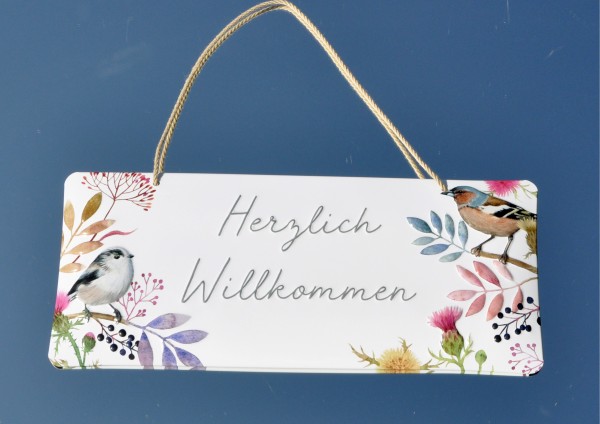 Vögel auf Zweigen - Blätterrauschen / Herzlich Willkommen - geprägtes Schild aus Blech